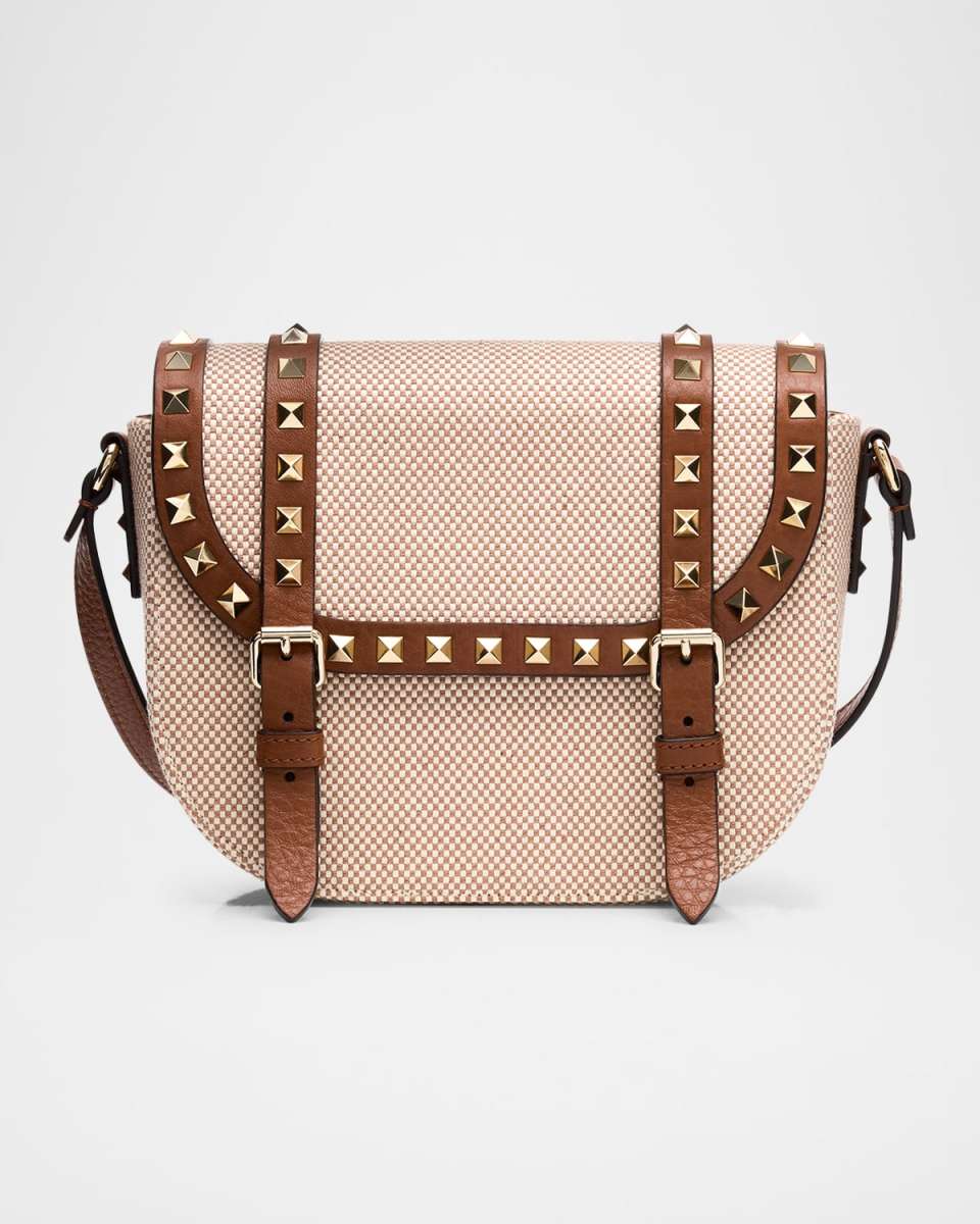 Small Rockstud Canvas Saddle Crossbody Bag